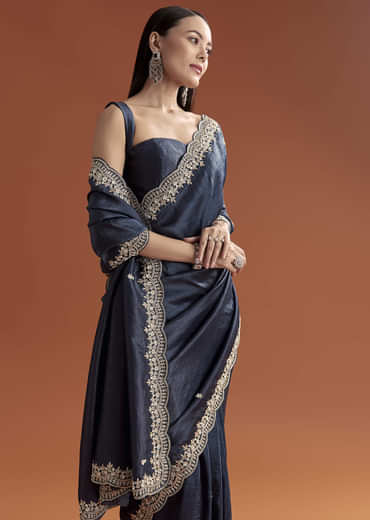 Navy Blue Tissue Saree With Scallop Border And Sequin Work