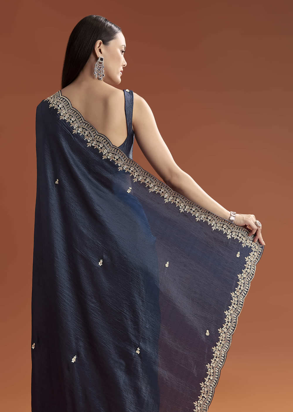 Navy Blue Tissue Saree With Scallop Border And Sequin Work