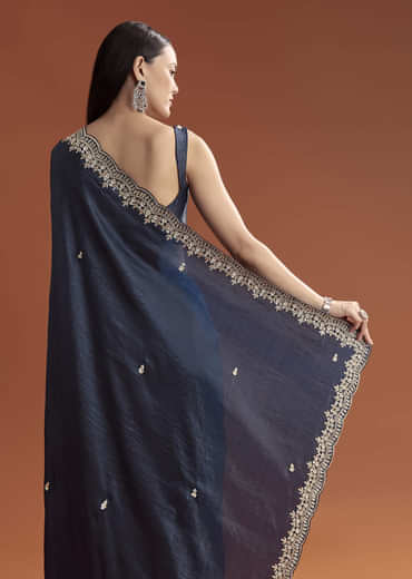 Navy Blue Tissue Saree With Scallop Border And Sequin Work