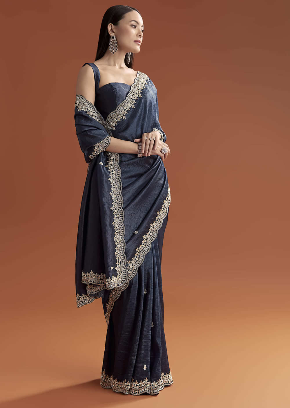 Navy Blue Tissue Saree With Scallop Border And Sequin Work