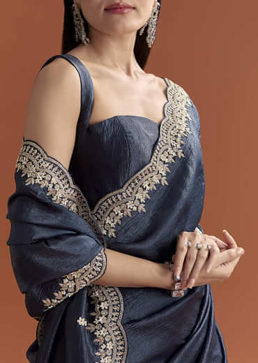 Navy Blue Tissue Saree With Scallop Border And Sequin Work
