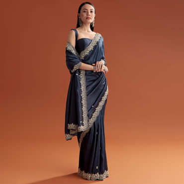 Navy Blue Tissue Saree With Scallop Border And Sequin Work