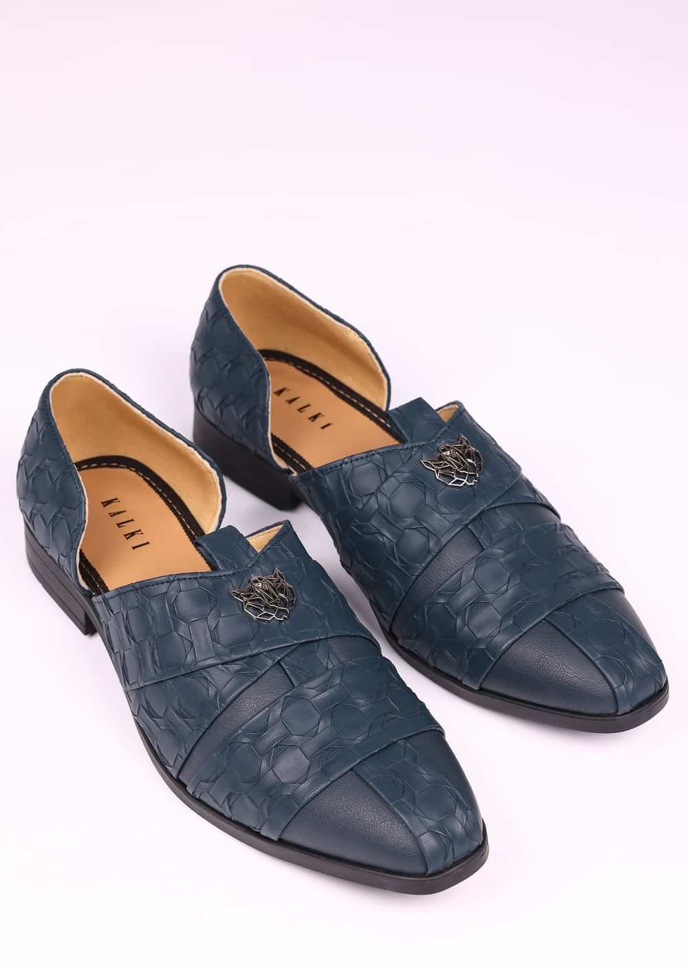 Navy Blue Vegan Leather Jutti With Criss Cross Pattern