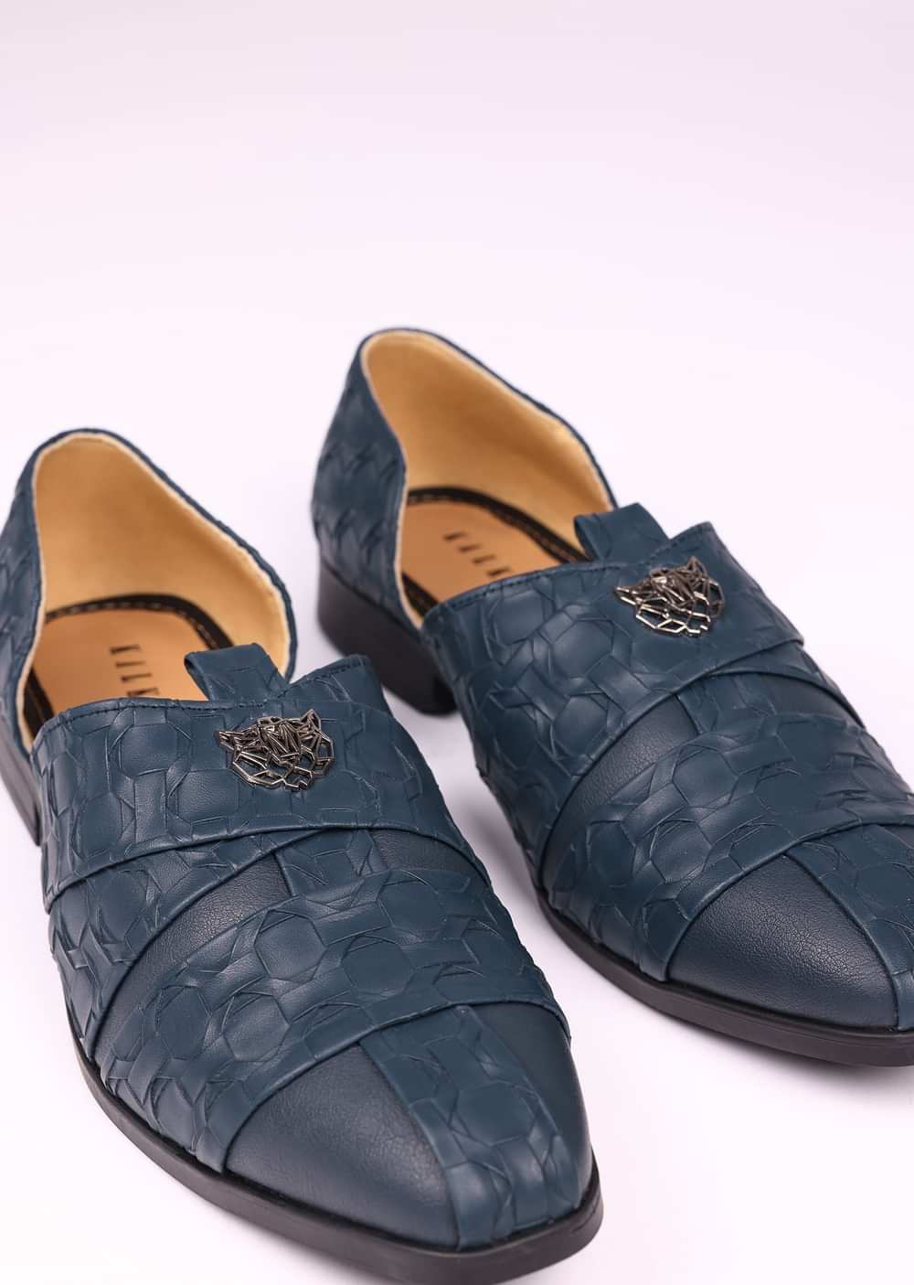 Navy Blue Vegan Leather Jutti With Criss Cross Pattern
