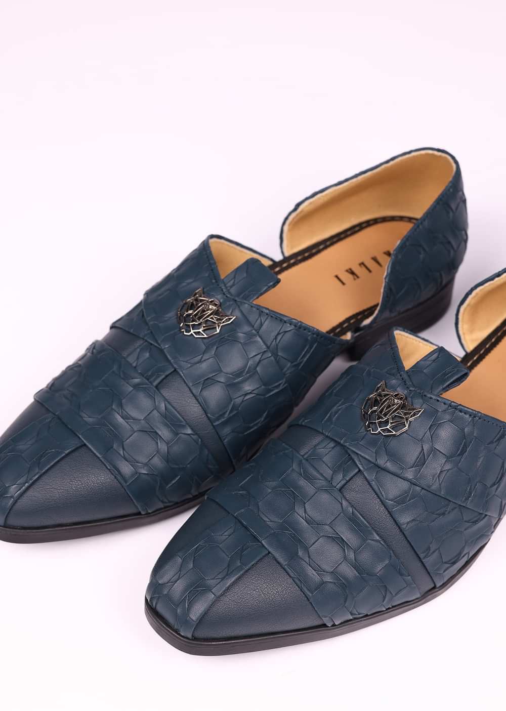 Navy Blue Vegan Leather Jutti With Criss Cross Pattern