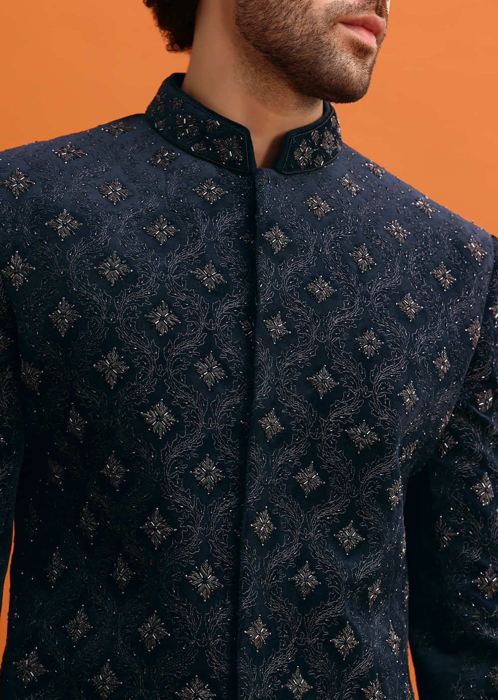 Navy Blue Velvet Indowestern Set With Hand Work For Men