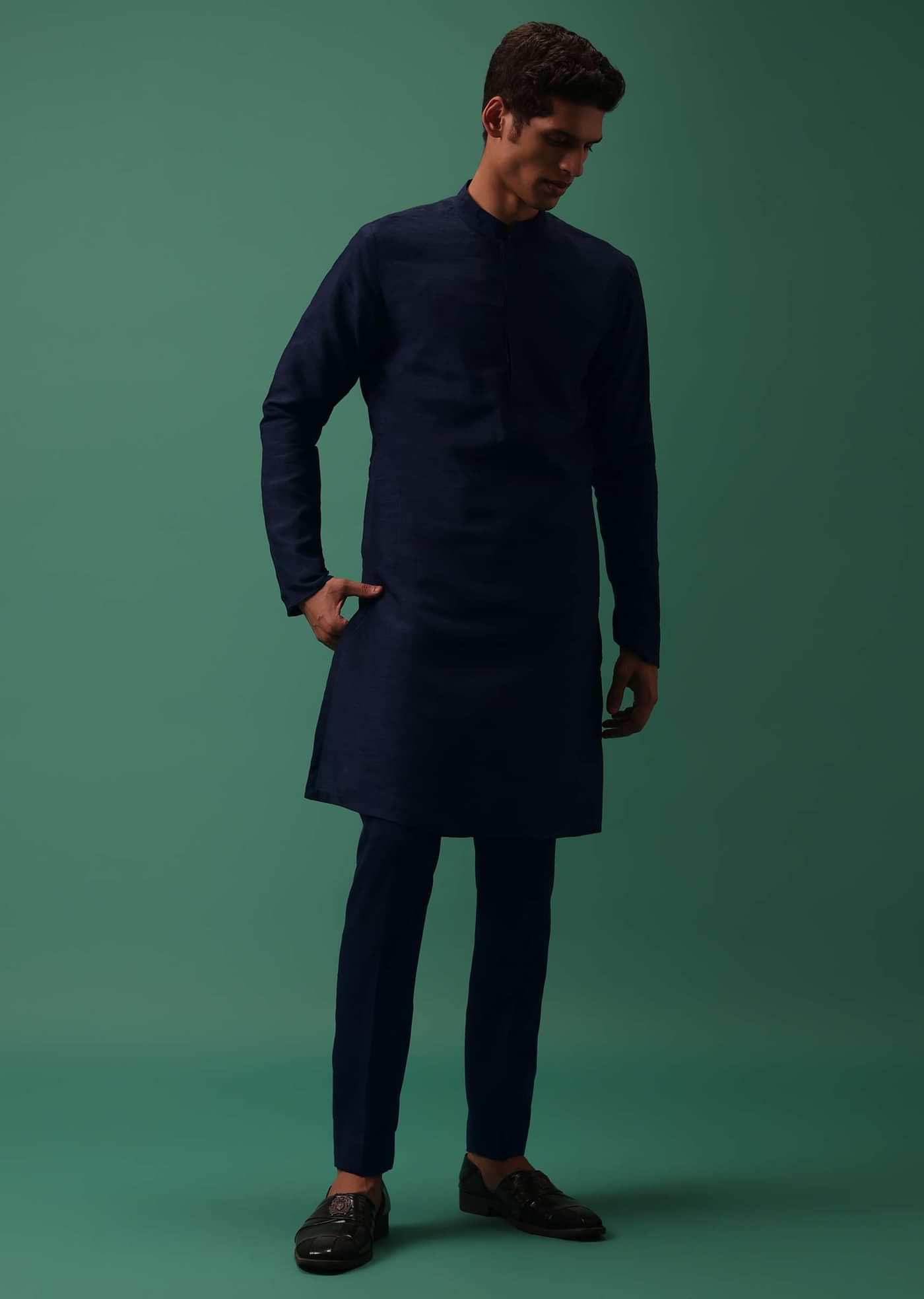 Navy Suede Jodhpuri And Kurta Set With Antique Geometric Embroidery