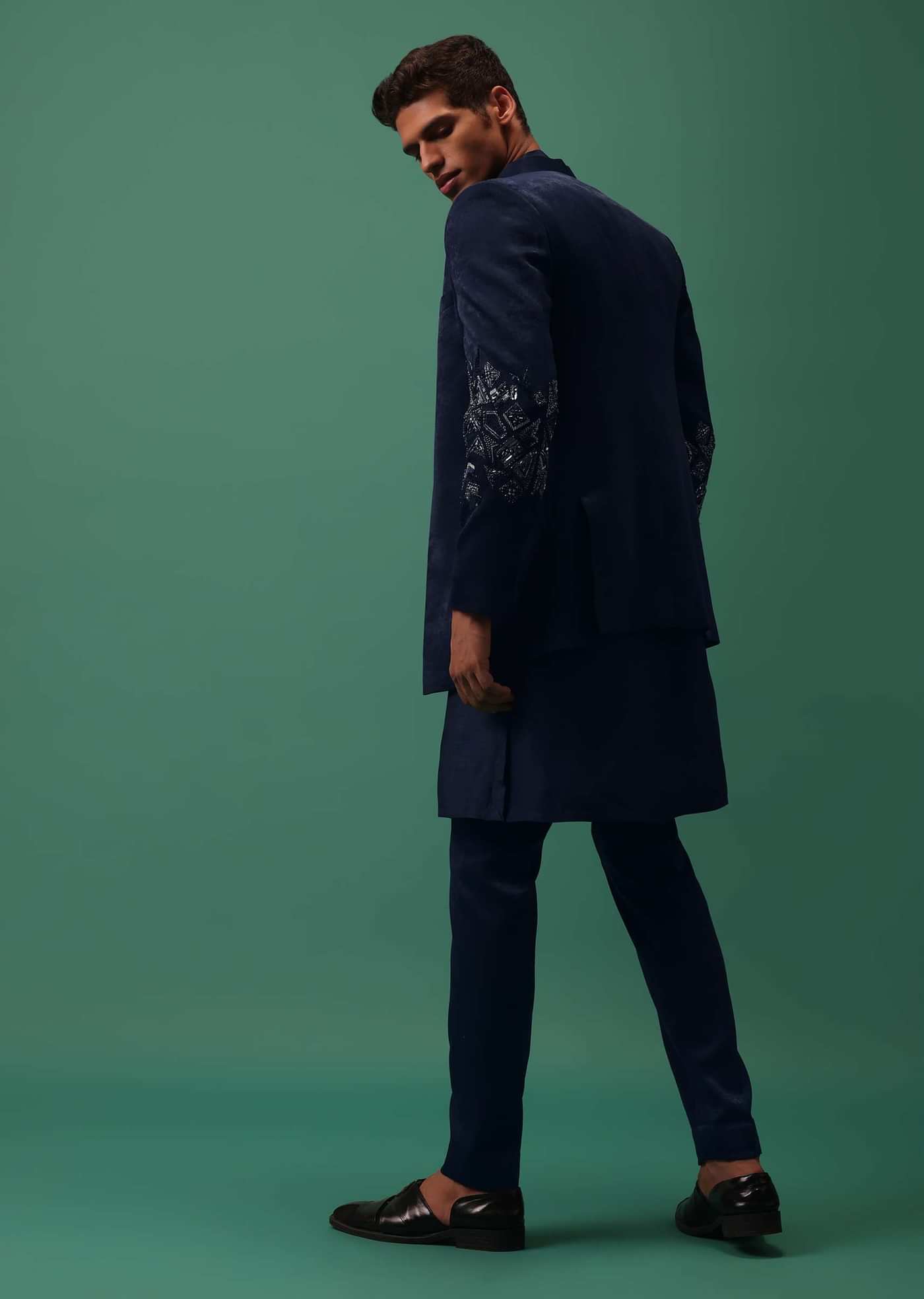 Navy Suede Jodhpuri And Kurta Set With Antique Geometric Embroidery