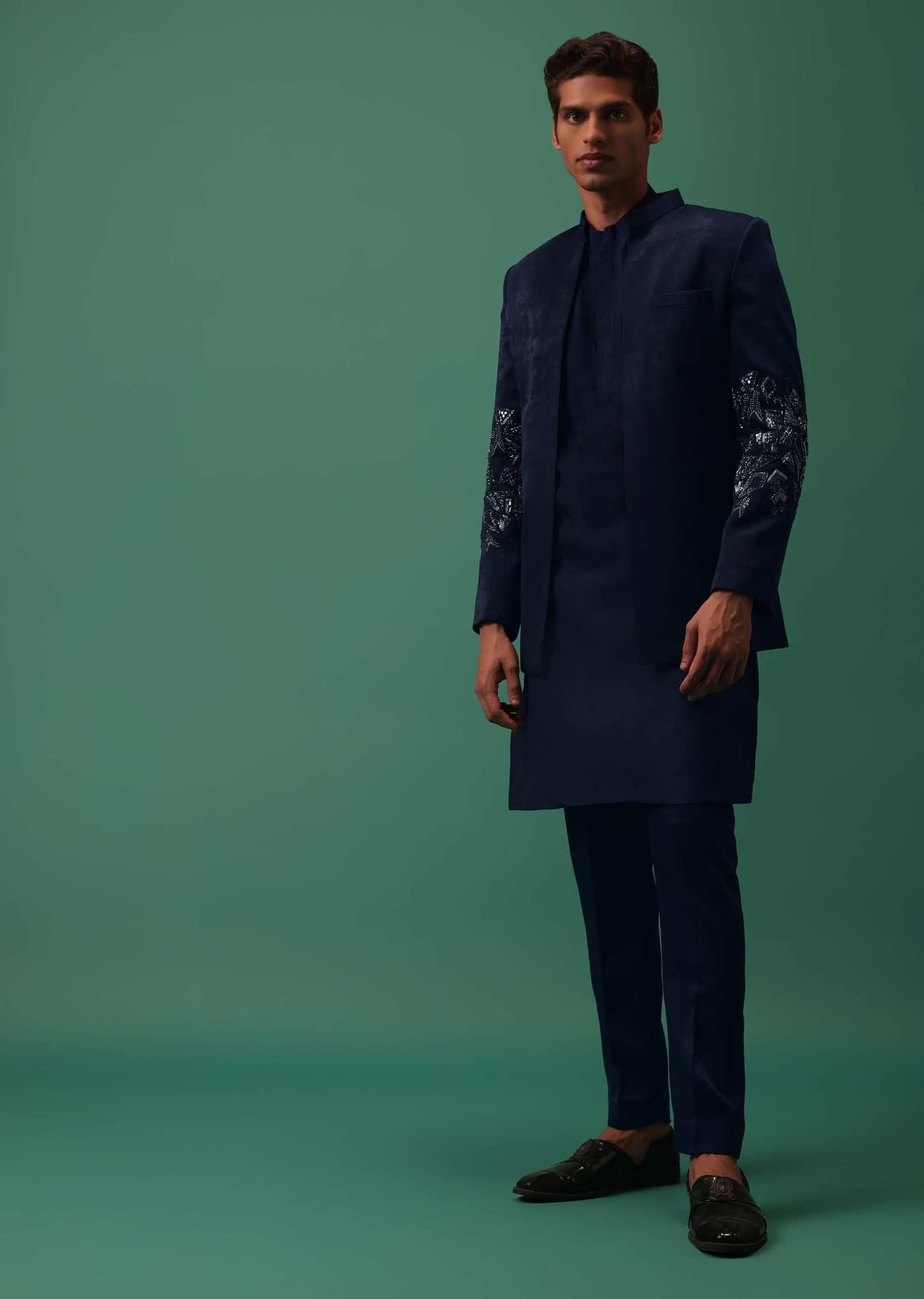 Navy Suede Jodhpuri And Kurta Set With Antique Geometric Embroidery