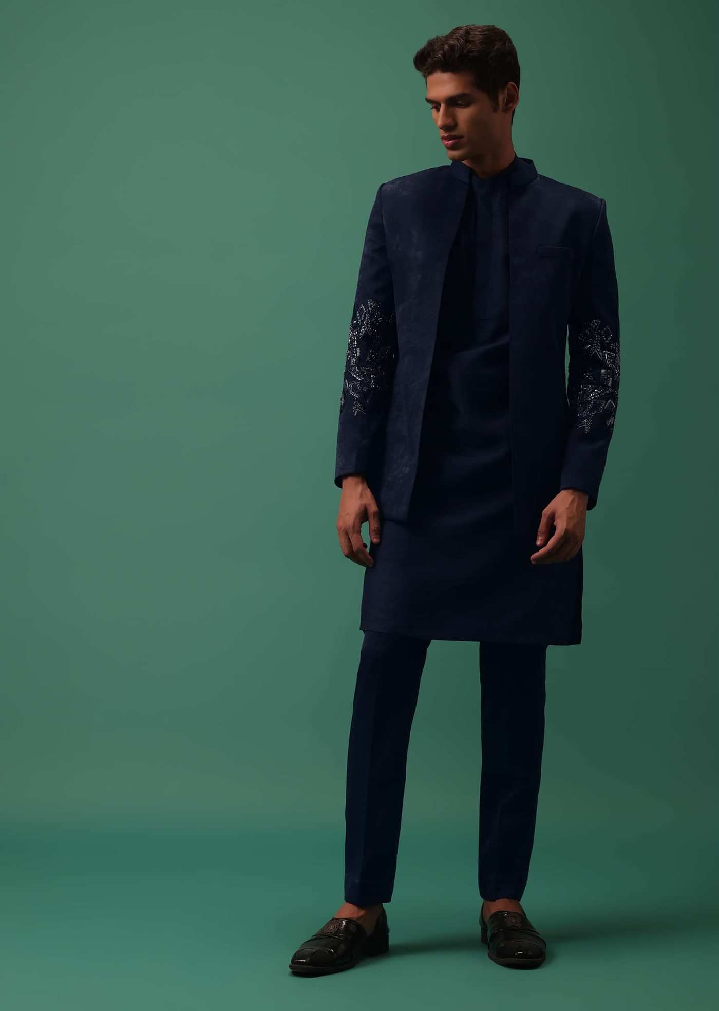 Navy Suede Jodhpuri And Kurta Set With Antique Geometric Embroidery
