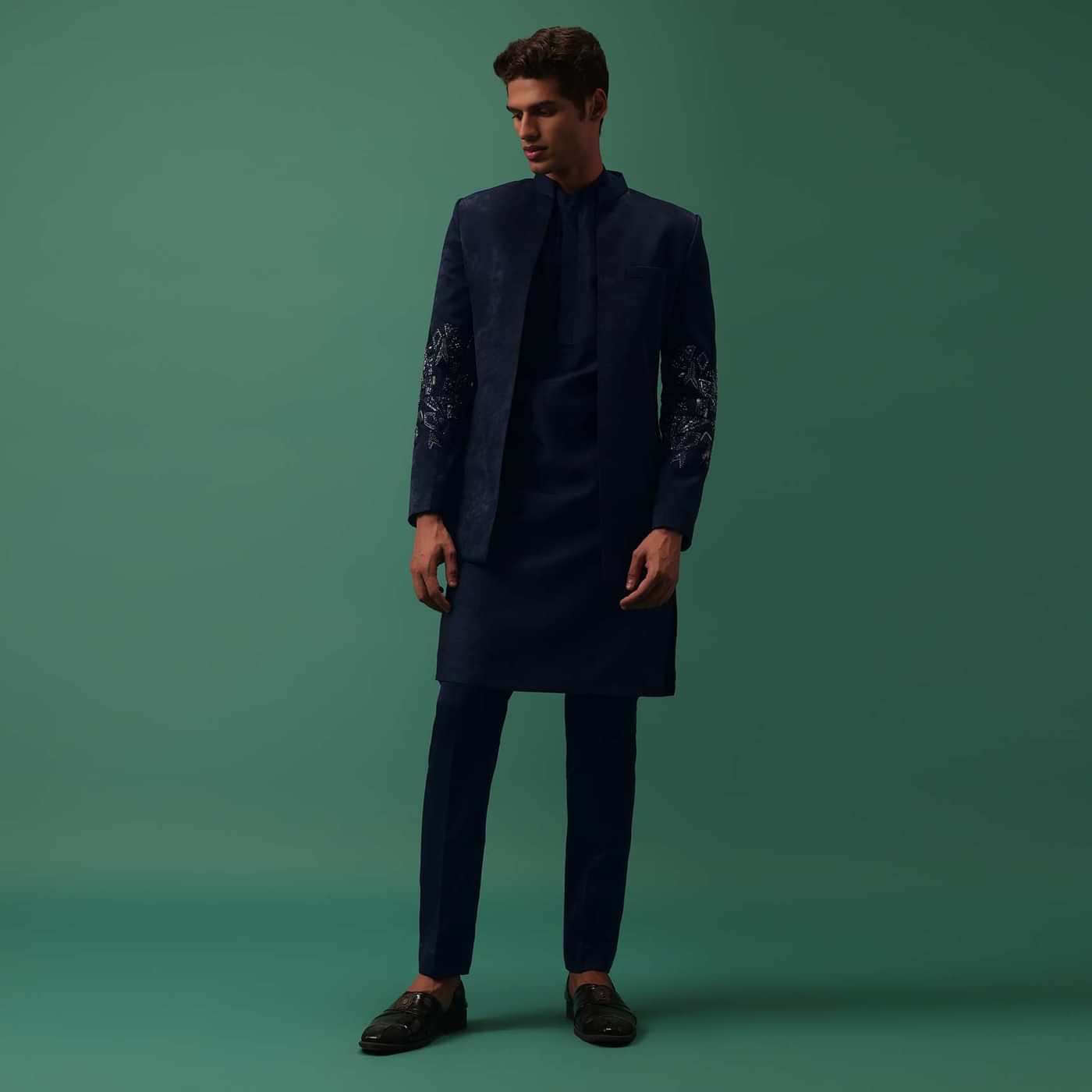 Navy Suede Jodhpuri And Kurta Set With Antique Geometric Embroidery