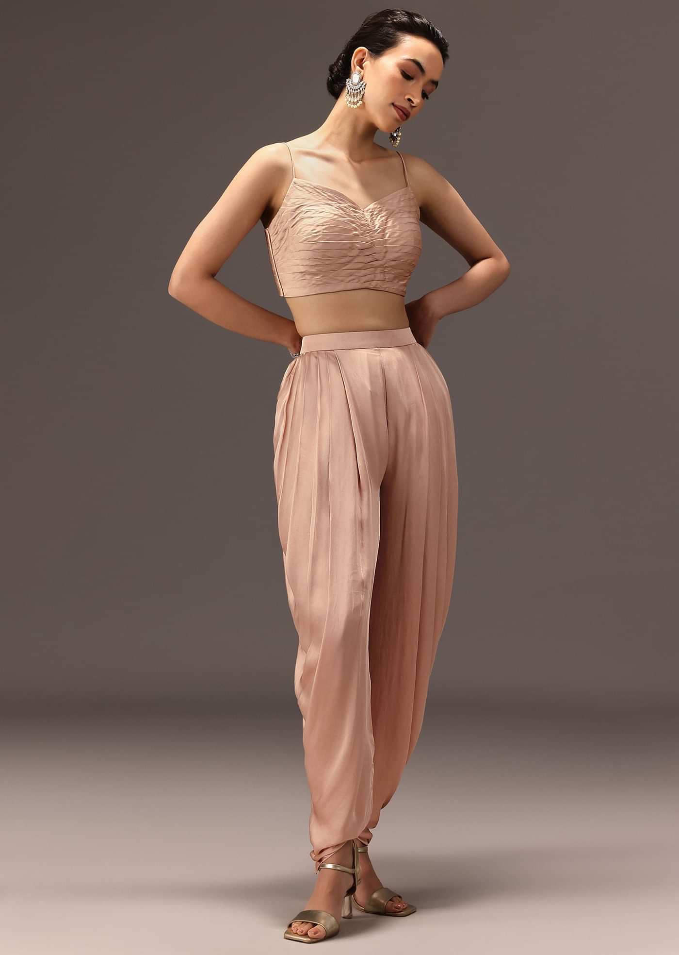 Nude Pleated Blouse With Tassel Cape And Dhoti Pants