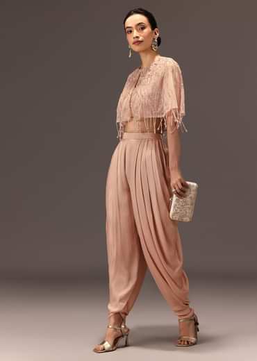 Nude Pleated Blouse With Tassel Cape And Dhoti Pants