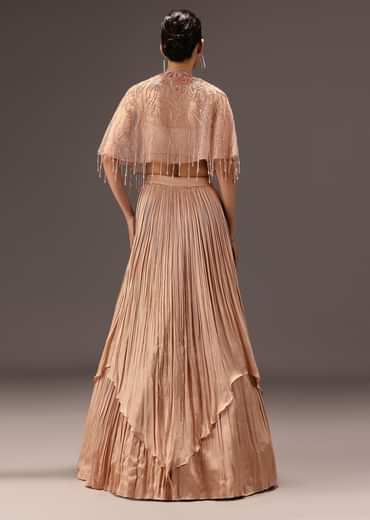 nude Ruched Blouse With Cape And Layered Skirt