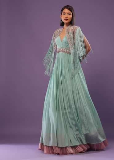 Sea Green Embroidered Gown In Crepe