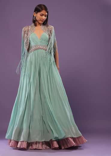 Sea Green Embroidered Gown In Crepe