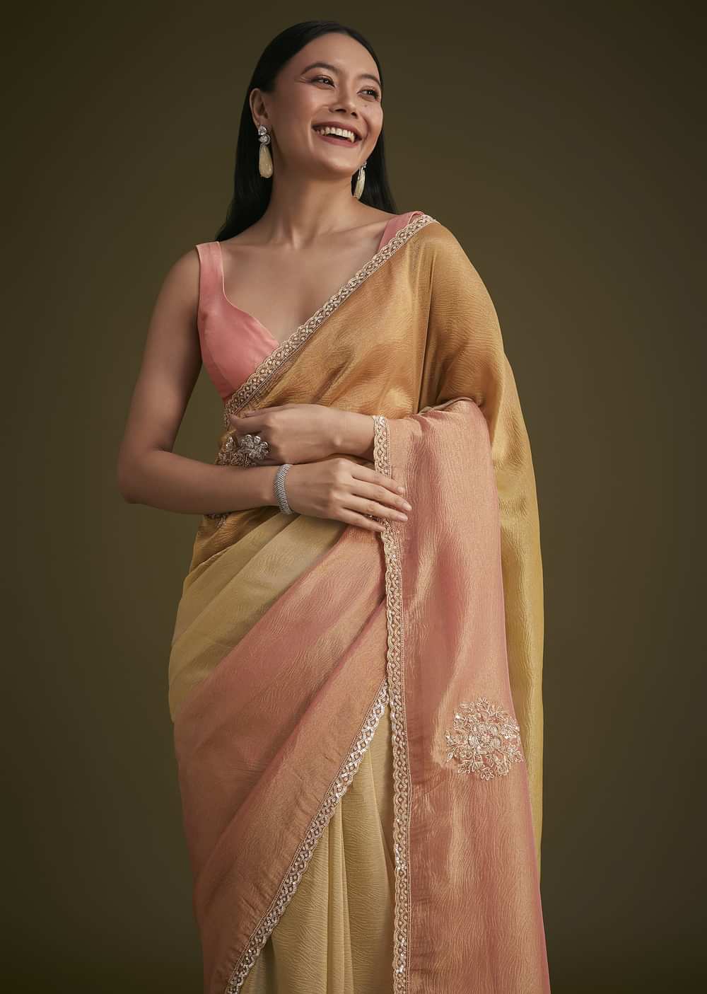Ochre Yellow Triple Tone Tissue Saree