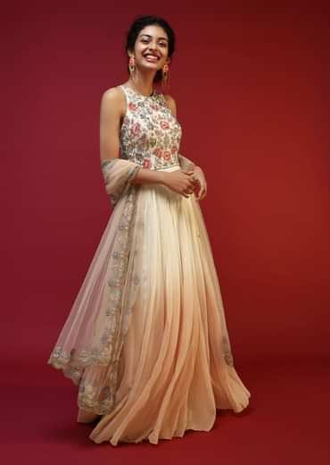 Off White Anarkali Suit With Halter Neckline And Adorned In Multicolored Hand Embroidered Floral Design On The Bodice