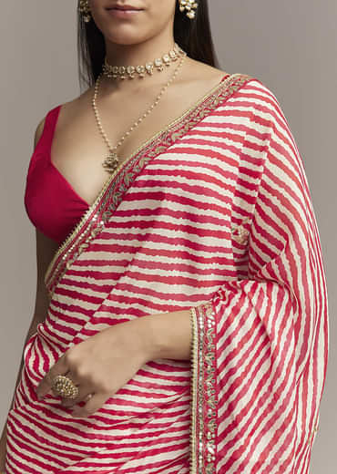 Off White And Red Striped Chinnon Saree With Gota Work