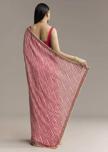 Off White And Red Striped Chinnon Saree With Gota Work