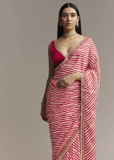 Off White And Red Striped Chinnon Saree With Gota Work