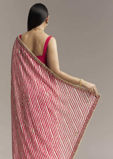Off White And Red Striped Chinnon Saree With Gota Work
