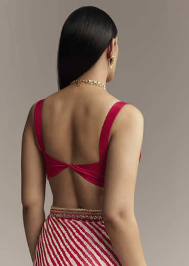 Off White And Red Striped Chinnon Saree With Gota Work