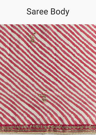 Off White And Red Striped Chinnon Saree With Gota Work