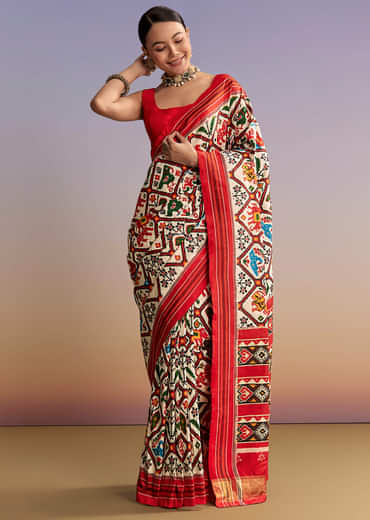 Off White And Ruby Red Double Ikkat Handwoven Patola Saree