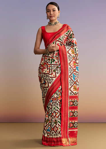 Off White And Ruby Red Double Ikkat Handwoven Patola Saree