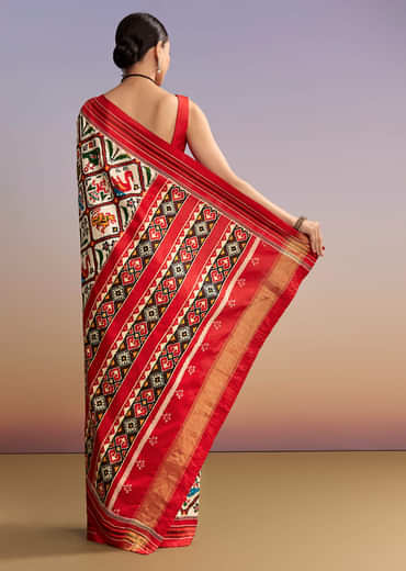 Off White And Ruby Red Double Ikkat Handwoven Patola Saree