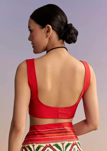 Off White And Ruby Red Double Ikkat Handwoven Patola Saree