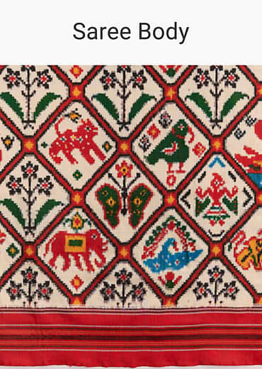 Off White And Ruby Red Double Ikkat Handwoven Patola Saree
