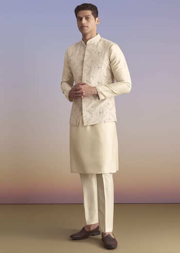Off White Banarasi Silk Kurta Jacket Set For Men With Embroidery