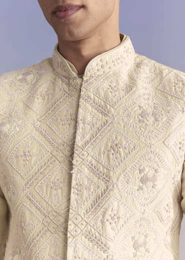 Off White Banarasi Silk Kurta Jacket Set For Men With Embroidery
