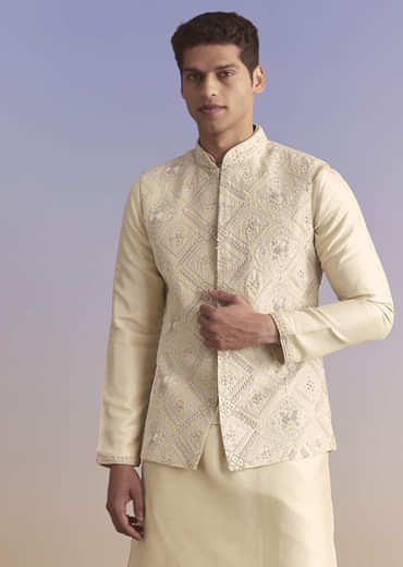 Off White Banarasi Silk Kurta Jacket Set For Men With Embroidery