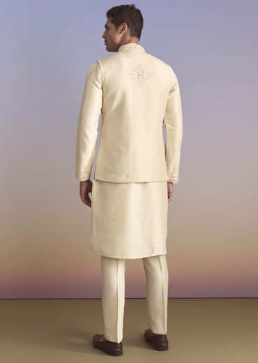 Off White Banarasi Silk Kurta Jacket Set For Men With Embroidery