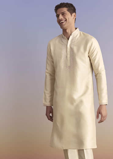 Off White Banarasi Silk Kurta Jacket Set For Men With Embroidery
