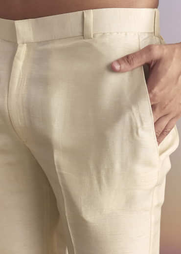 Off White Banarasi Silk Kurta Jacket Set For Men With Embroidery