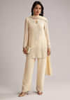 Off White Beaded Short Kurti Pant Set With Dupatta