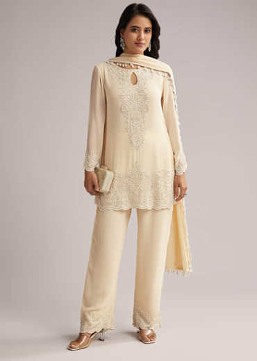 Off White Beaded Short Kurti Pant Set With Dupatta