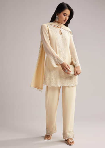 Off White Beaded Short Kurti Pant Set With Dupatta