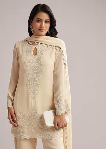 Off White Beaded Short Kurti Pant Set With Dupatta