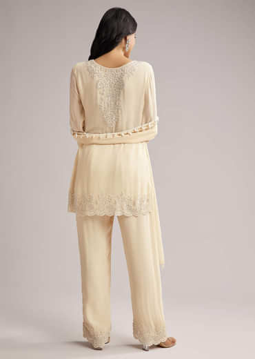 Off White Beaded Short Kurti Pant Set With Dupatta