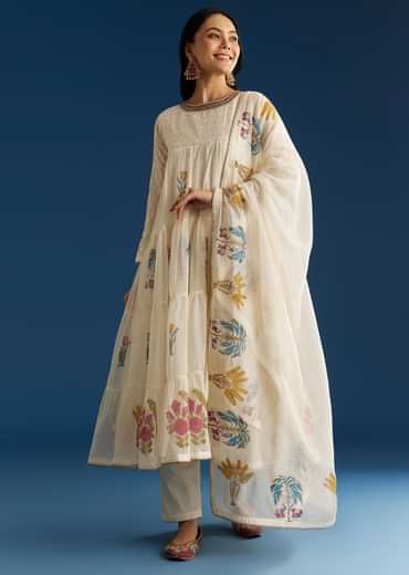 Off White Block Print Anarkali Set With Block Print Dupatta