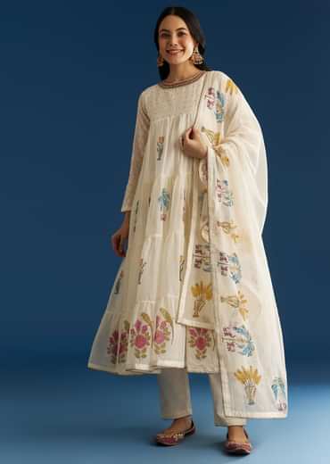 Off White Block Print Anarkali Set With Block Print Dupatta