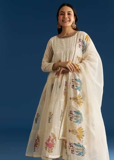 Off White Block Print Anarkali Set With Block Print Dupatta