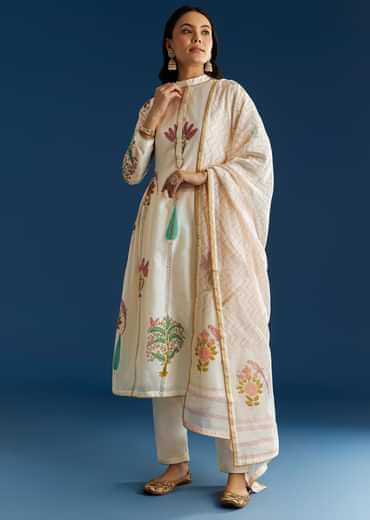 Off White Block Print Anarkali With Gotta Lace Neckline And Dupatta