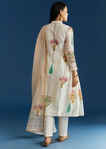 Off White Block Print Anarkali With Gotta Lace Neckline And Dupatta