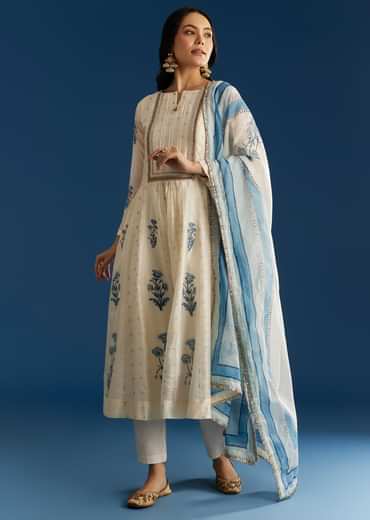 Off White Block Print Anarkali With Zardosi Yoke And Block Print Dupatta
